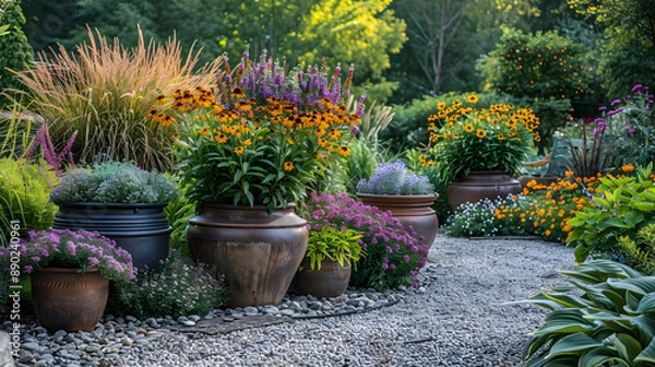 Obraz container gardening:  visually coordinated garden, container gardening with purpose. aesthetic garden planning