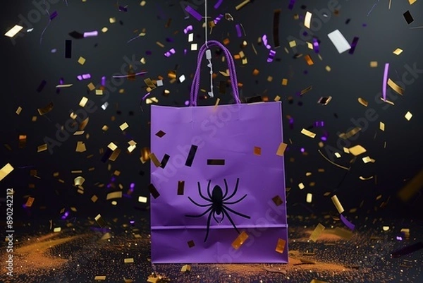 Fototapeta purple shopping bag with spiders levitating on a black solid color background, golden, black orange and purple flying confetti for Halloween