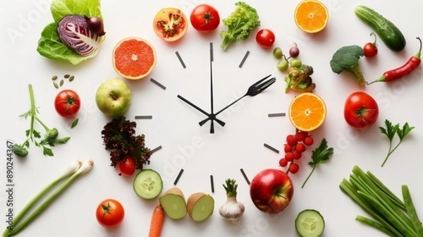 Fototapeta Clock of Fruits and Vegetables. Nutritious Food Reference Picture with Copy Space