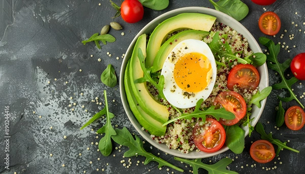 Fototapeta Diet menu. Healthy salad of fresh vegetables - tomatoes, avocado, arugula, egg, spinach and quinoa on a bowl. Flat lay. Top view