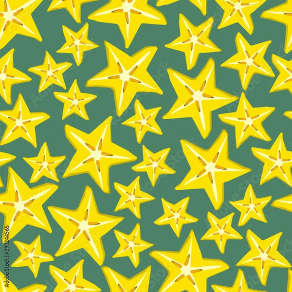Fototapeta Seamless pattern slices of ripe carambola fruit on green background - vector color flat illustration for packaging, textile, wallpaper