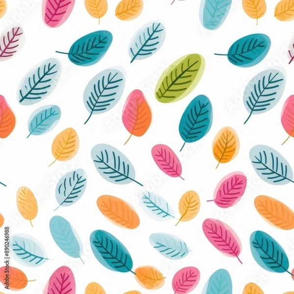 Fototapeta Colorful and whimsical seamless pattern of overlapping leaves on a white background