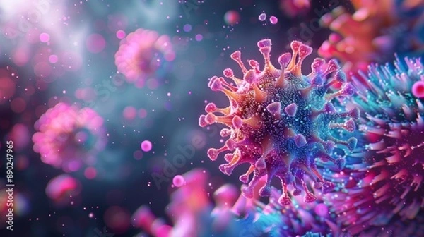 Fototapeta A vibrant 3D depiction of a virus's molecular structure, with bright colors highlighting the different components.