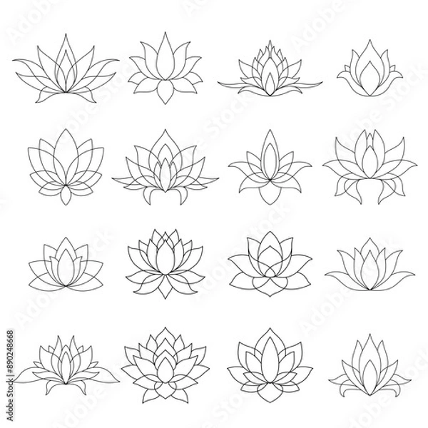 Fototapeta Set of lotus mehndi flower pattern for Henna drawing and tattoo. Decoration in oriental, Indian style. Doodle ornament. Outline hand draw vector illustration.