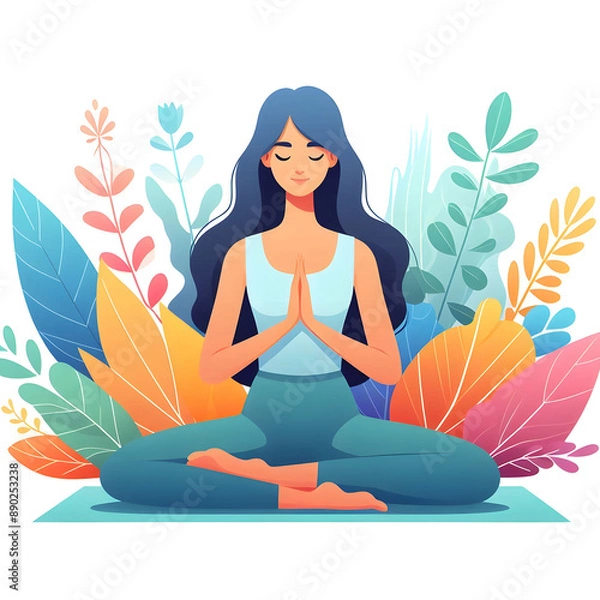 Fototapeta A young beautiful girl sitting in the lotus position, isolated on a white background, Flat vector Illustration