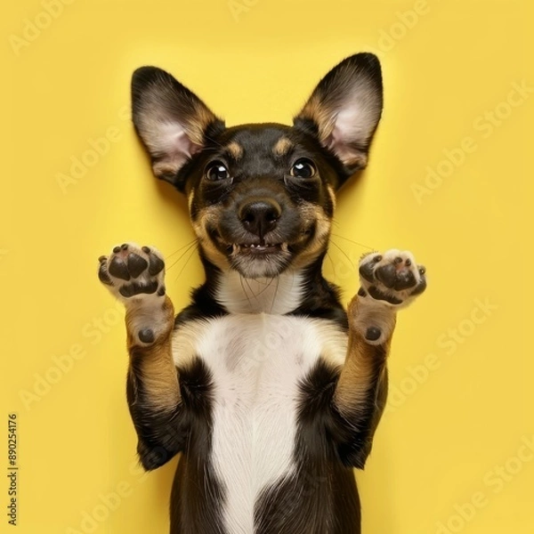 Obraz Smiling Black and White Dog Lying on Its Back With Paws Up