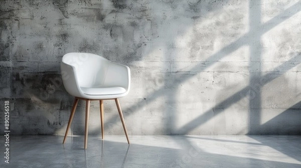 Fototapeta White Chair Modern Design. Single White Chair with Wood Legs in Room with Concrete Wall Background