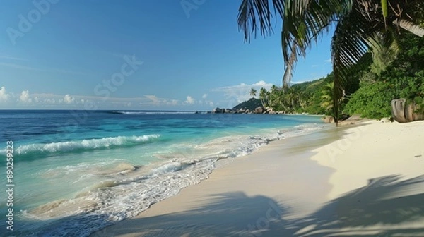 Fototapeta Seychelles Beach Panorama With Palm Trees