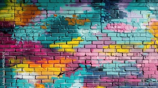 Fototapeta Colorful graffiti on a brick wall. Abstract background for design.