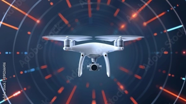 Fototapeta Concept of a next-generation drone, featuring advanced sensors and AI integration, hovering in a futuristic environment, flat design illustration