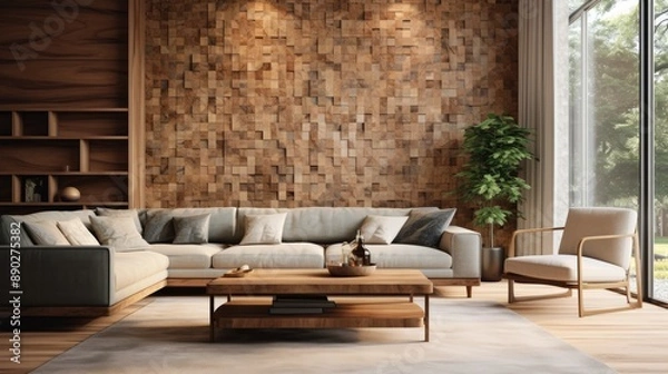 Fototapeta Modern Living Room with Wooden Accent Wall and Cozy Furniture in Natural Light