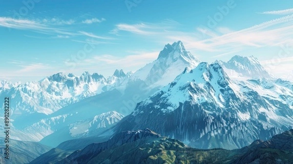 Fototapeta A serene mountain landscape with snow-capped peaks and a clear blue sky, perfect for a peaceful and inspiring space.