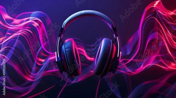 Fototapeta Headphones with vivid neon light trails, dark background, modern and dynamic style, symbolizes music and technology immersion, ideal for media and tech advertising.