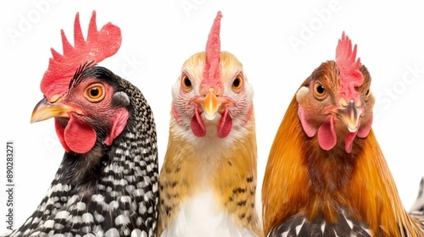 Fototapeta Three chickens with different colored heads are standing next to each other. The chicken on the left has a black and white head, the middle chicken has a yellow head