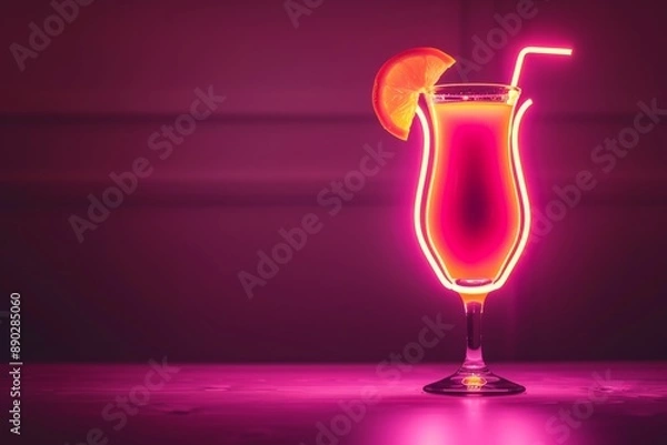 Fototapeta Neon cocktail with umbrella and straw set against a vibrant and glowing background symbolizing fun and relaxation