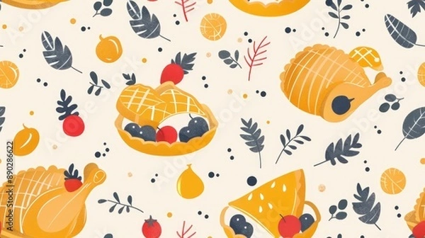 Fototapeta Seamless pattern with cute hand drawn food illustration.