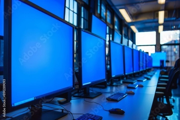 Obraz Row of monitors showing blue screen error in a modern IT office, symbolizing widespread system failure