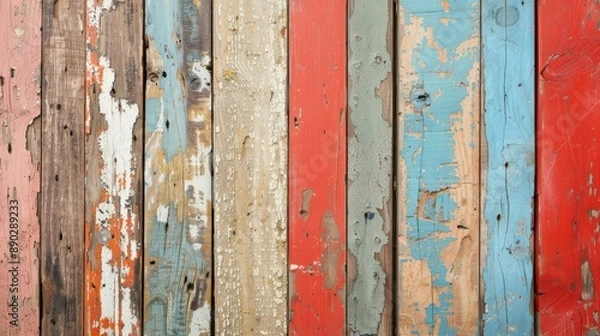 Fototapeta Weathered wooden planks with peeling paint for a vintage background
