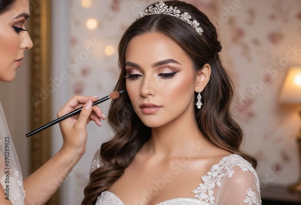 Fototapeta  A professional makeup artist doing a bridal makeup tutorial with an elegant, romantic backdrop 