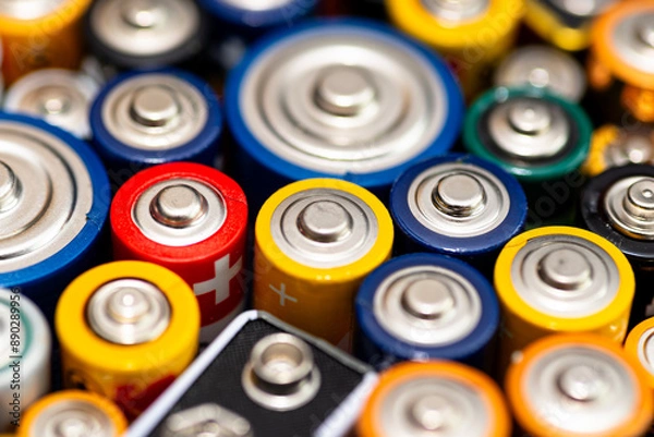 Obraz Background made of various alkaline and lithium-ion batteries, positive pole visible.