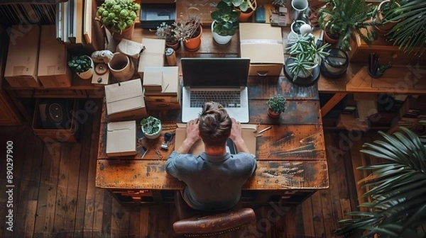 Fototapeta Efficient Home Office of an Online Business Owner Packing Orders