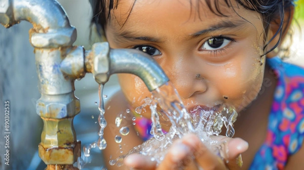 Obraz A child drinking clean water from a tap, a community well being used by villagers, water purification system in action