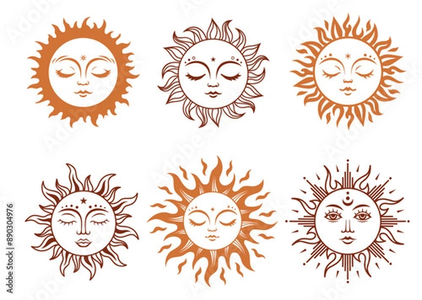 Obraz Boho sun sign, vector silhouette design. Sun with face set of celestial elements. Vector monochrome illustration. linear sacred symbols of magic, mysticism and alchemy.
