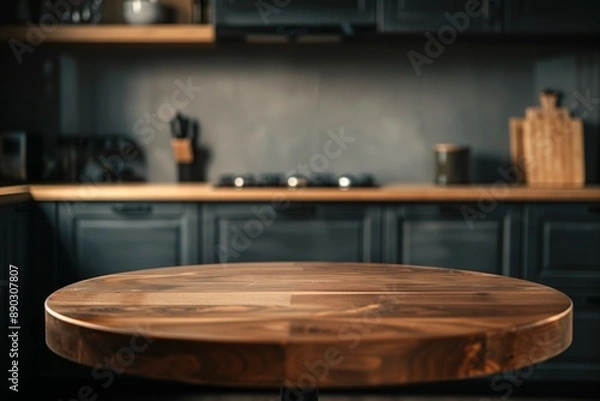 Obraz An empty round wooden table top on a dark kitchen, a simple blur dark stylish background