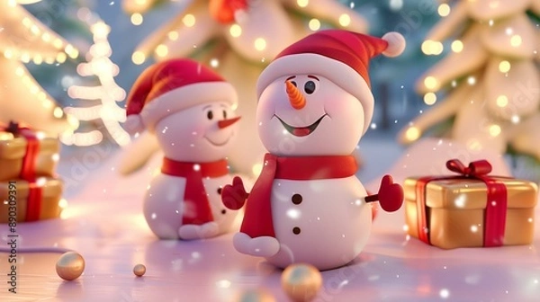 Fototapeta 3d Christmas illustration with snowmen and gifts.