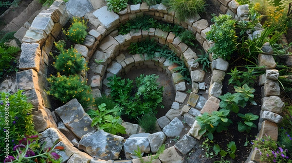 Fototapeta Adaptable herb growing with spiral garden structure, small-footprint gardening