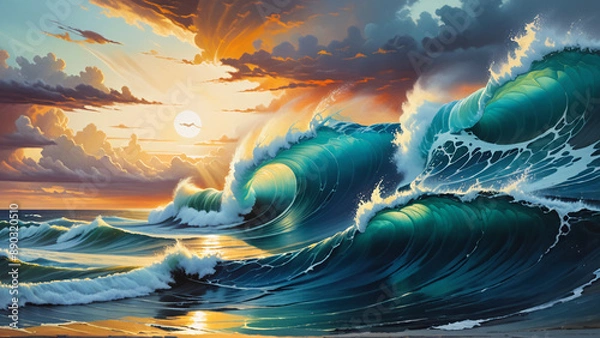 Fototapeta Dramatic stormy waves in sun set