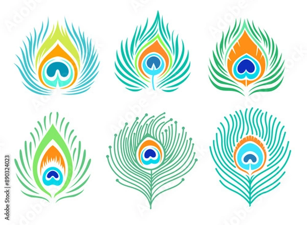 Obraz Set of peacock feathers. Bright colored silhouette. Simplified minimalistic feather vector design. Decorative sign.