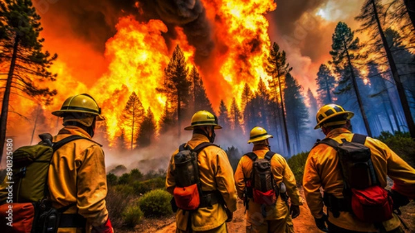 Fototapeta firefighters to extinguish the forest fire. Natural disaster forest fire. Intense flames from a massive forest wildfire.