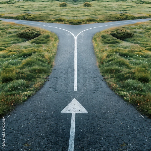 Fototapeta Two diverging paved paths in a green field with a directional arrow.