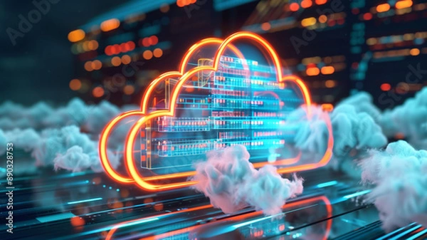 Fototapeta Cloud service for storing digital data concept poster. Big date electronic computer technology creative background. Data storage servers. Cloud computing hosting. AI artwork.