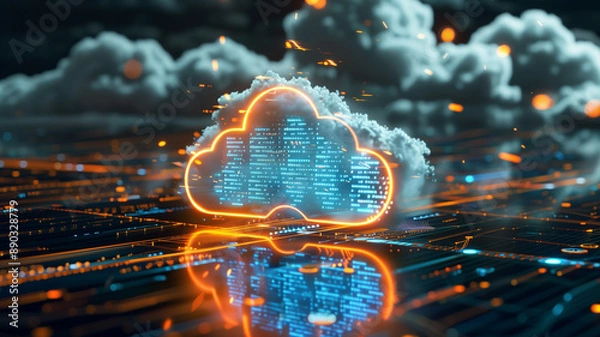 Fototapeta Cloud service for storing digital data concept poster. Big date electronic computer technology creative background. Data storage servers. Cloud computing hosting. AI artwork.