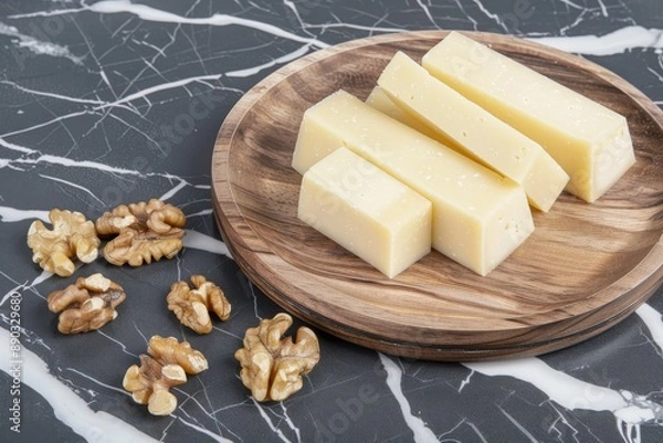Obraz Slices of semi-hard spanish manchego sheep cheese sprinkled with chopped herbs and crutones at white plate. Beautiful simple AI generated image in 4K, unique.