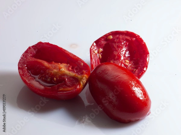 Fototapeta Tomates de pera asados sobre fondo blanco. Roasted pear tomatoes on white background.