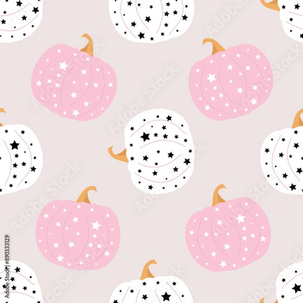 Fototapeta Stylized pink and white pumpkins with stars. Girly fashion design for fabric, textile, wrapping paper, scrapboking. Vector illustration.