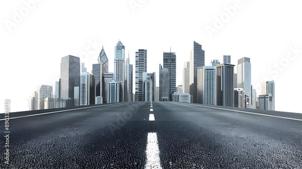 Fototapeta Empty road leading to a city skyline isolated on transparent background
