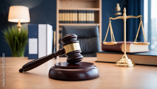 Fototapeta Wooden gavel rests on its block on lawyer's desk, with scale of justice in background