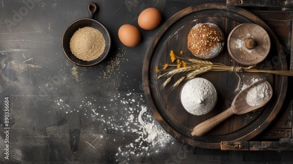 Fototapeta Baking ingredients on rustic table with dark background