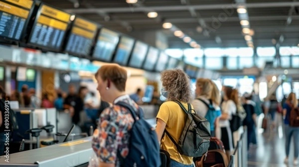 Fototapeta A group of people are waiting in line at an airport
