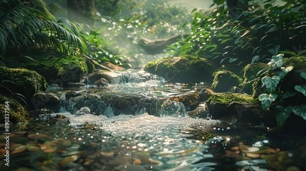 Fototapeta A stream of water flows through a lush green forest