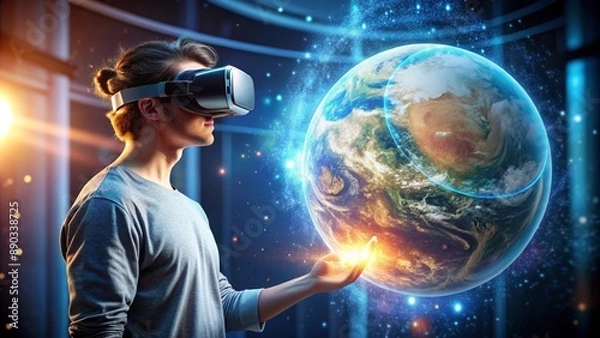 Fototapeta man uses VR goggles for a virtual journey, interacting with a holographic image of Earth.