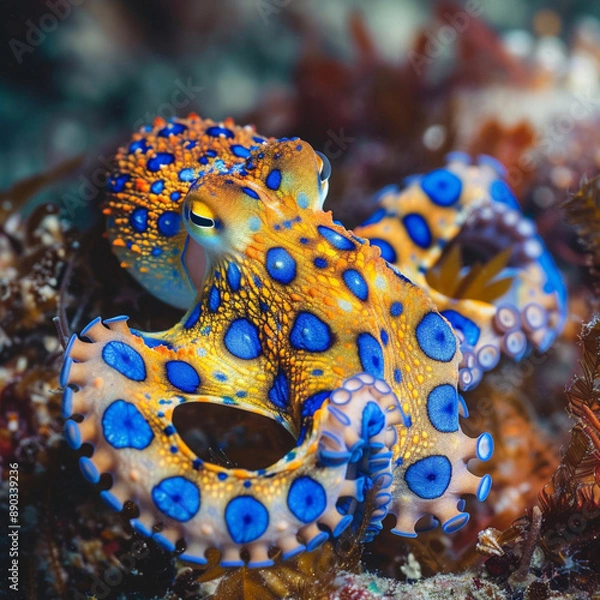 Fototapeta blue-ringed octopus beautiful bright octopus at the bottom of the ocean