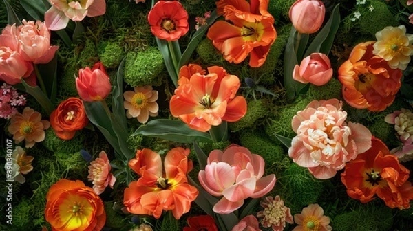 Fototapeta Vibrant spring flowers in coral shade with moss backdrop