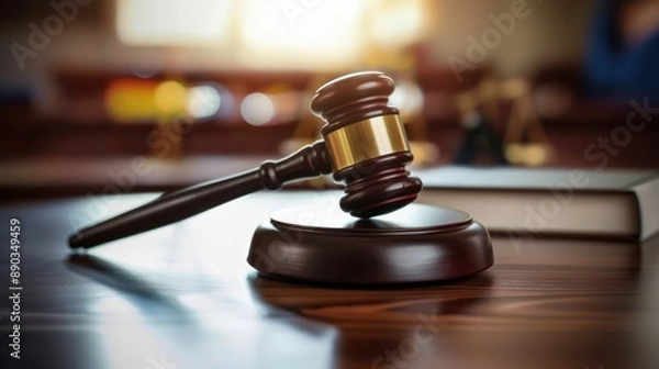 Fototapeta Gavel on table with blurred background, symbolizes legal themes, courtroom elements, justice and law setting
