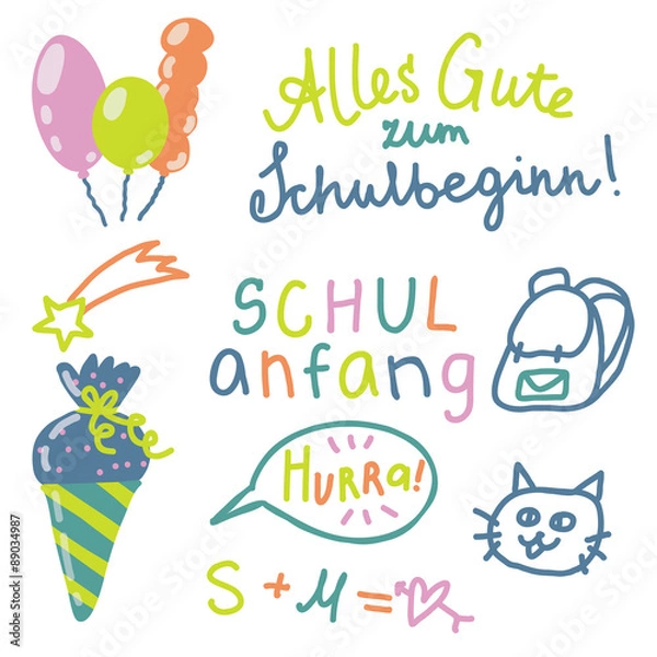 Fototapeta German text "Schulanfang", translate "Back to School". Cute vector set. Lettering in German.