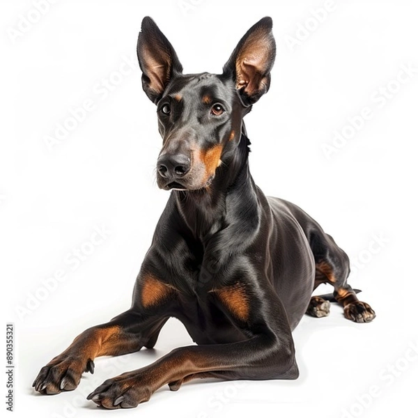 Fototapeta Doberman black dog lying down and isolated on white